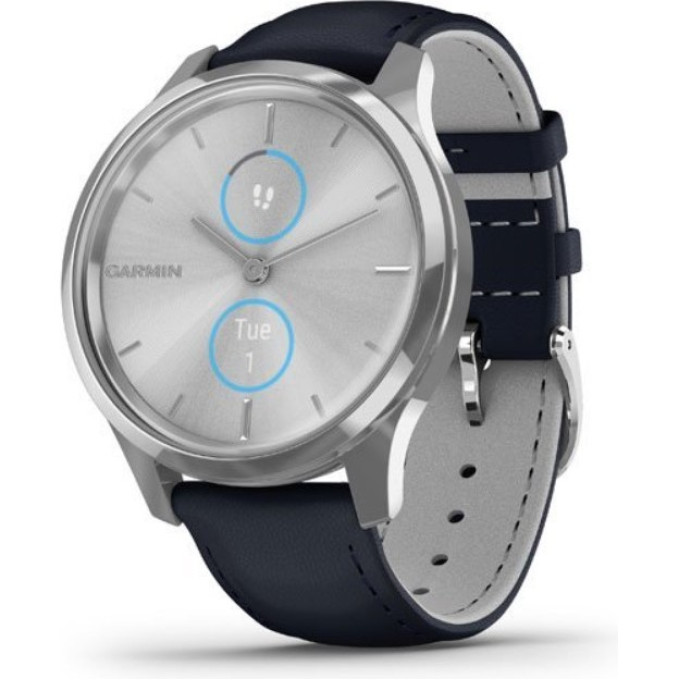 Часы GARMIN VIVOMOVE LUXE серебристый с итальянским кожаным темно-синим ремешком
