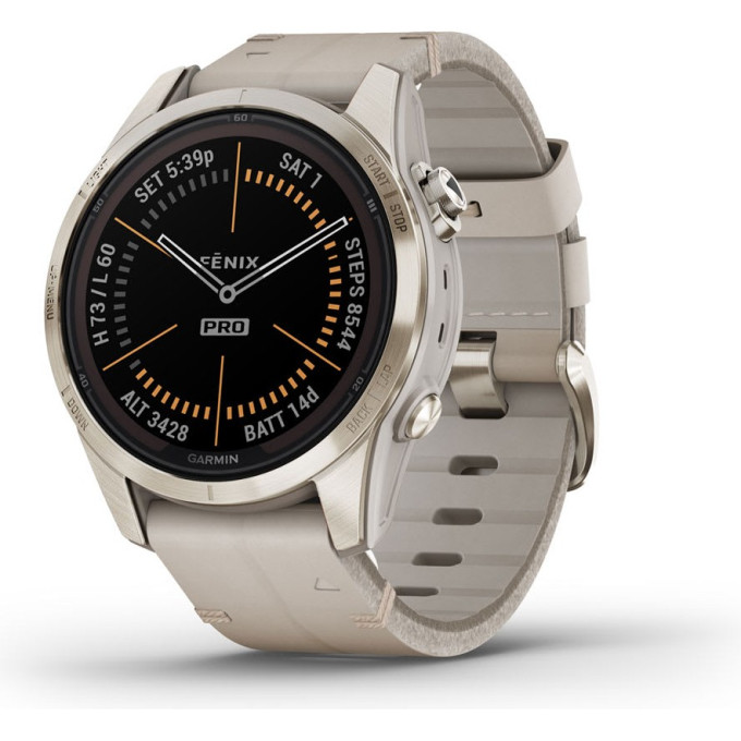 Смарт-часы GARMIN FENIX 7S PRO SAPPHIRE SOLAR золотистый корпус с кожаным ремешком цвета известняка