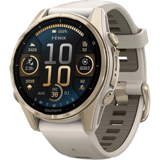 Смарт-часы GARMIN FENIX 8 – 43 мм, AMOLED Sapphire, золотистые с силиконовым ремешком цвета туманный серый/темный песчаник