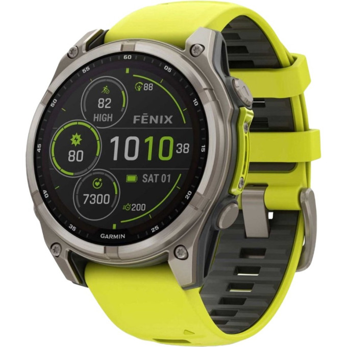 Смарт-часы GARMIN FENIX 8 – 47 мм, Solar Sapphire, титан с ярко-желтым/графитовым силиконовым ремешком