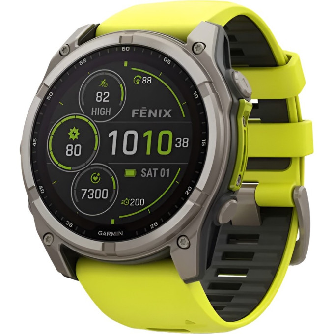 Смарт-часы GARMIN FENIX 8 – 51 мм, Solar Sapphire, титан с ярко-желтым/графитовым силиконовым ремешком