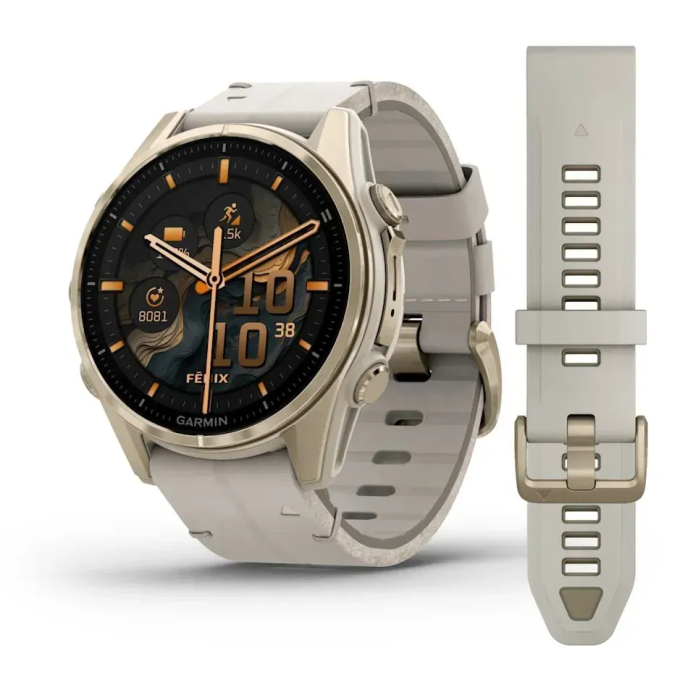 Смарт-часы GARMIN FENIX 8 AMOLED (43 мм) Sapphire золотистий/известняково-серый кожаный ремешок